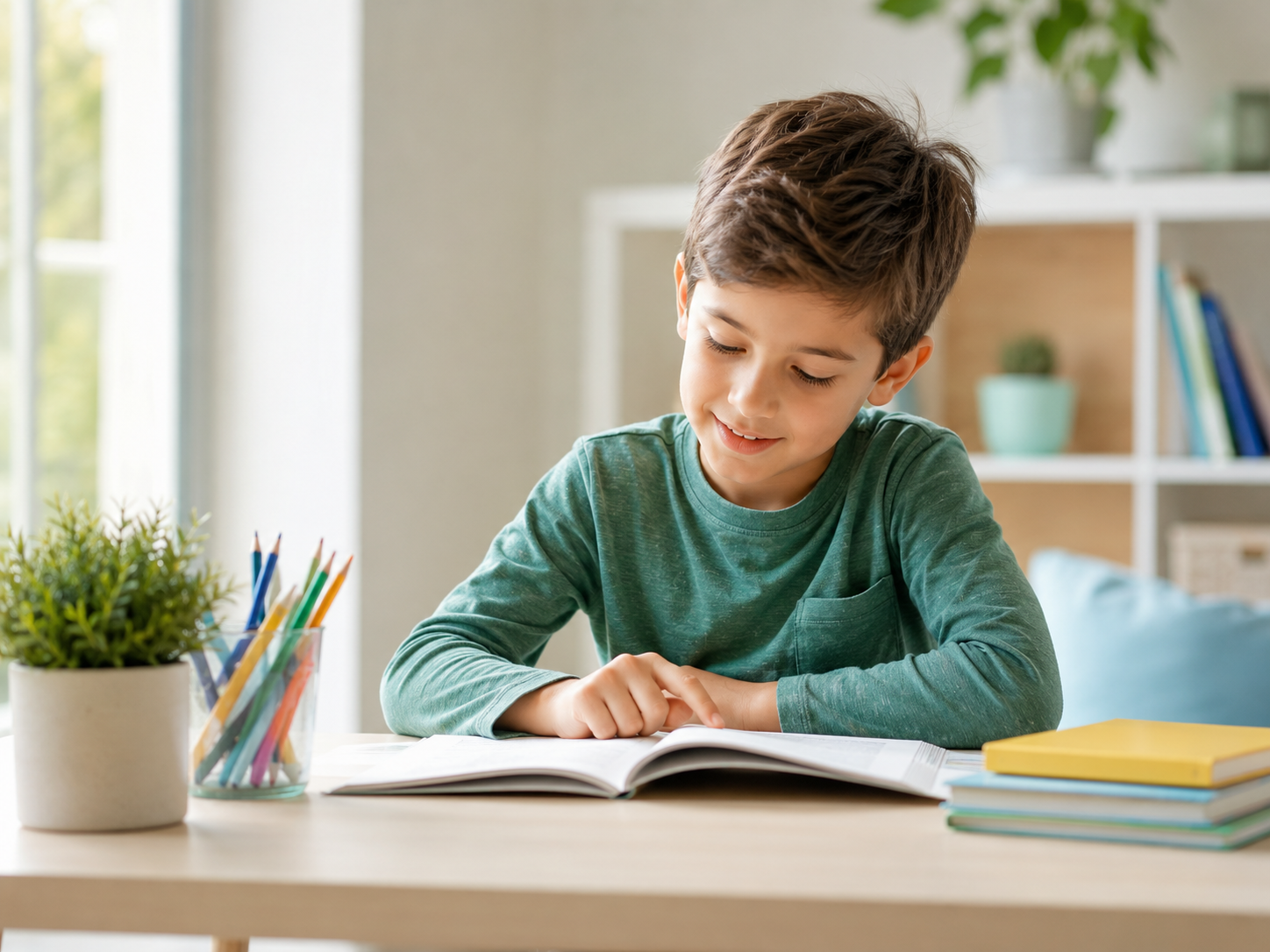 Criança em idade escolar lendo um livro em ambiente claro e organizado.