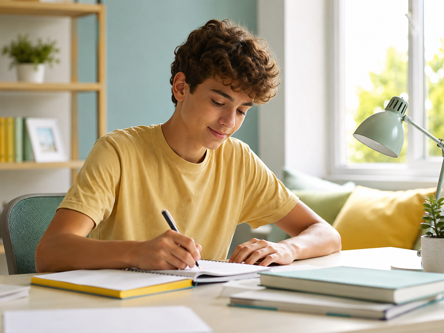 Adolescente escrevendo em um caderno durante um momento de estudo e concentração.