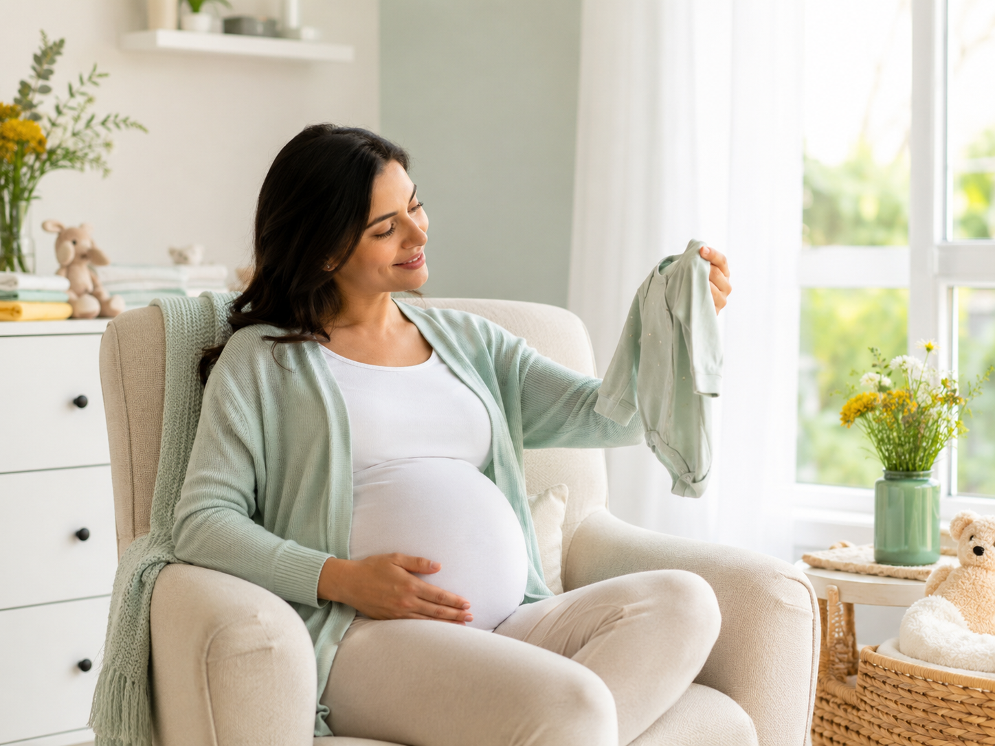 Mulher grávida segurando uma roupa de bebê em ambiente claro e acolhedor.