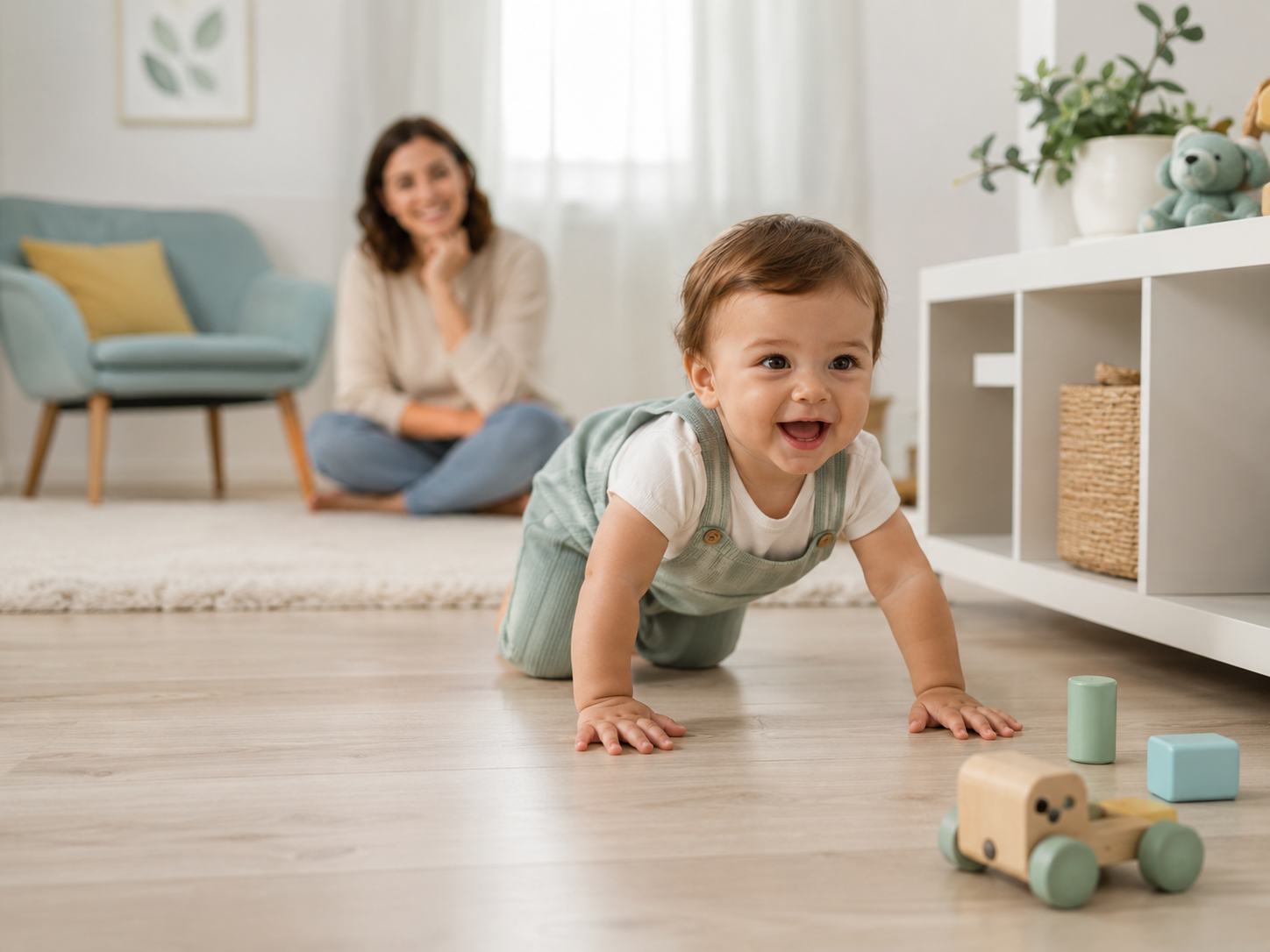 Bebê engatinhando em ambiente doméstico seguro, acompanhado pela mãe.